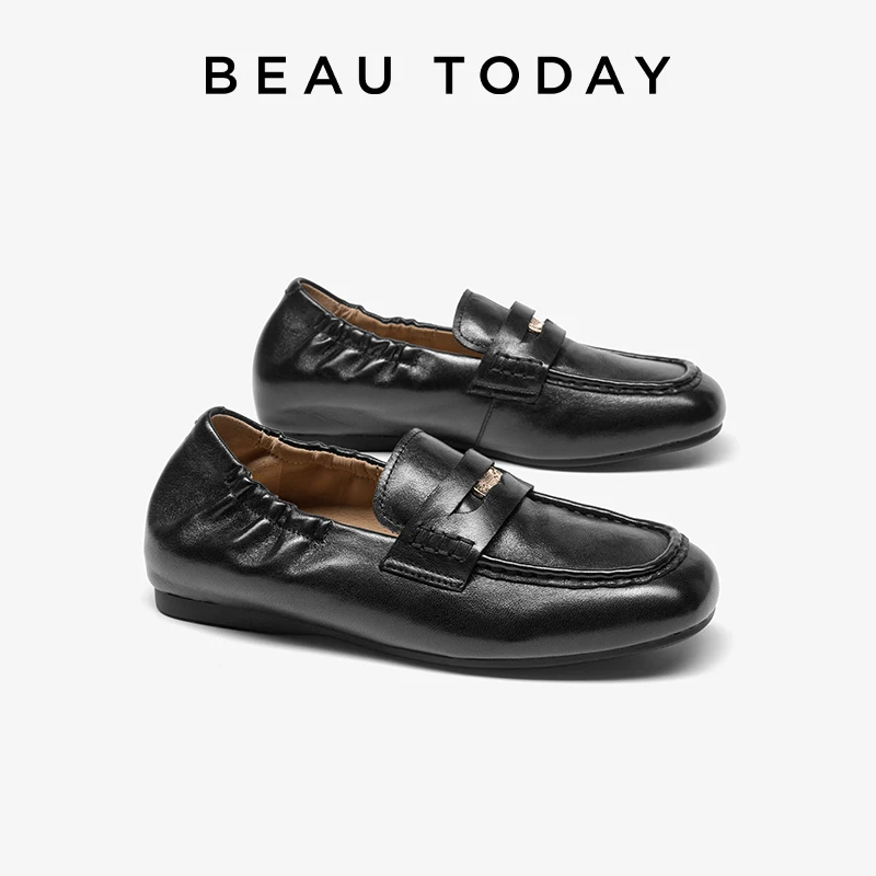 BEAUTODAY Penny Loafers Women Sheepskin Leather Round Toe Solid Color Sewing Outdoor Casual Shoes Female Handmade 26366