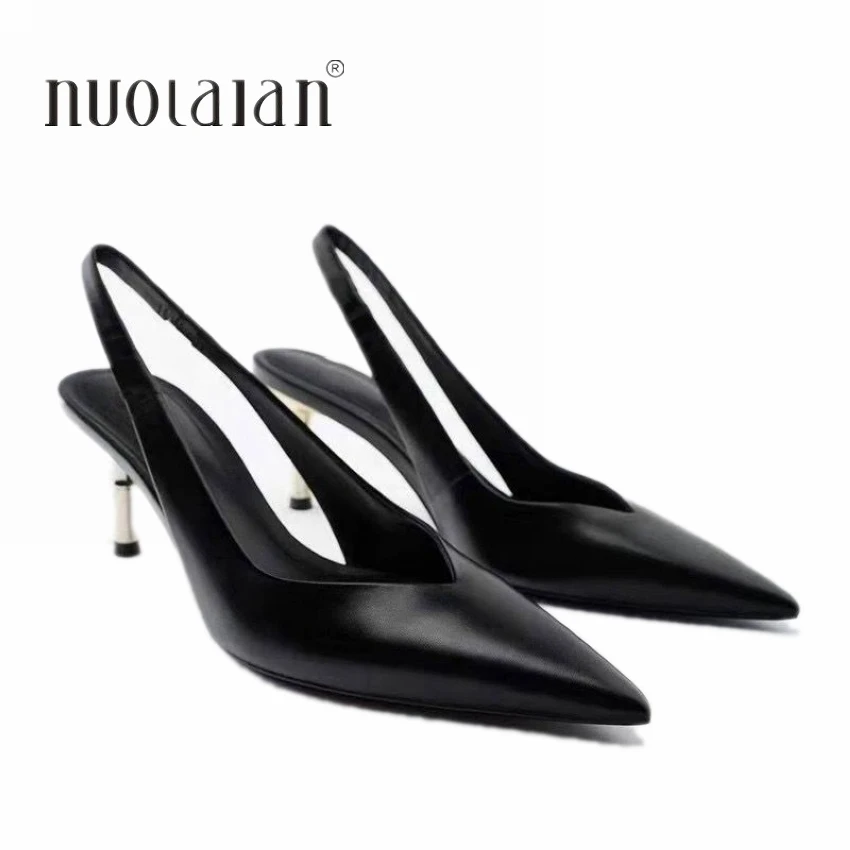 2024 Shoes Black Leather Shoes Woman Pumps Slingbacks Pointed Toe High Heels Stiletto Sexy dress Shoes Women Heels Plus Size 42