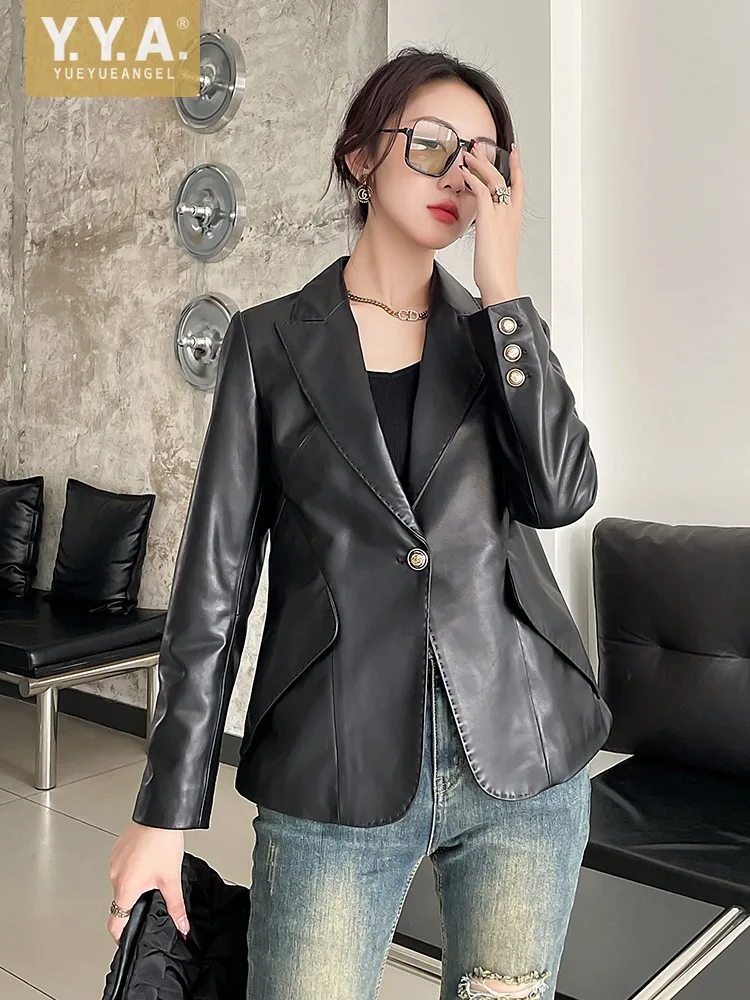 Spring New Office Ladies Genuine Leather Blazer Suit Jacket Women Real Sheepskin Work Coat One Button Slim Fit Autumn Outerwear