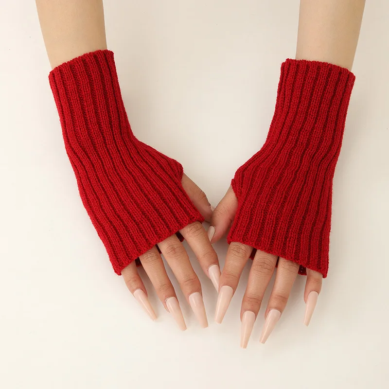 Autumn Winter Fashion Warm Fingerless Solid Color Ribbed Knitted Short Gloves Arm Warmers Versatile Fingerless Gloves