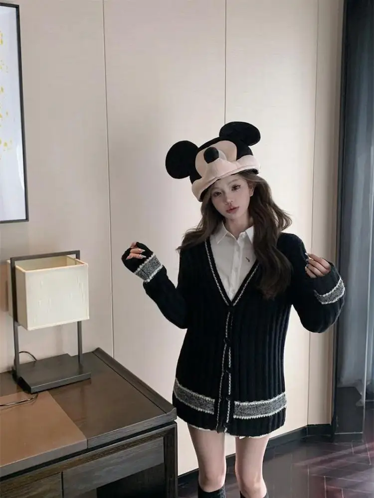 

Винтажный женский черный серый лоскутный кардиган с v-образным вырезом, свитер, осень-зима, корейский модный однобортный вязаный топ с длинными рукавами