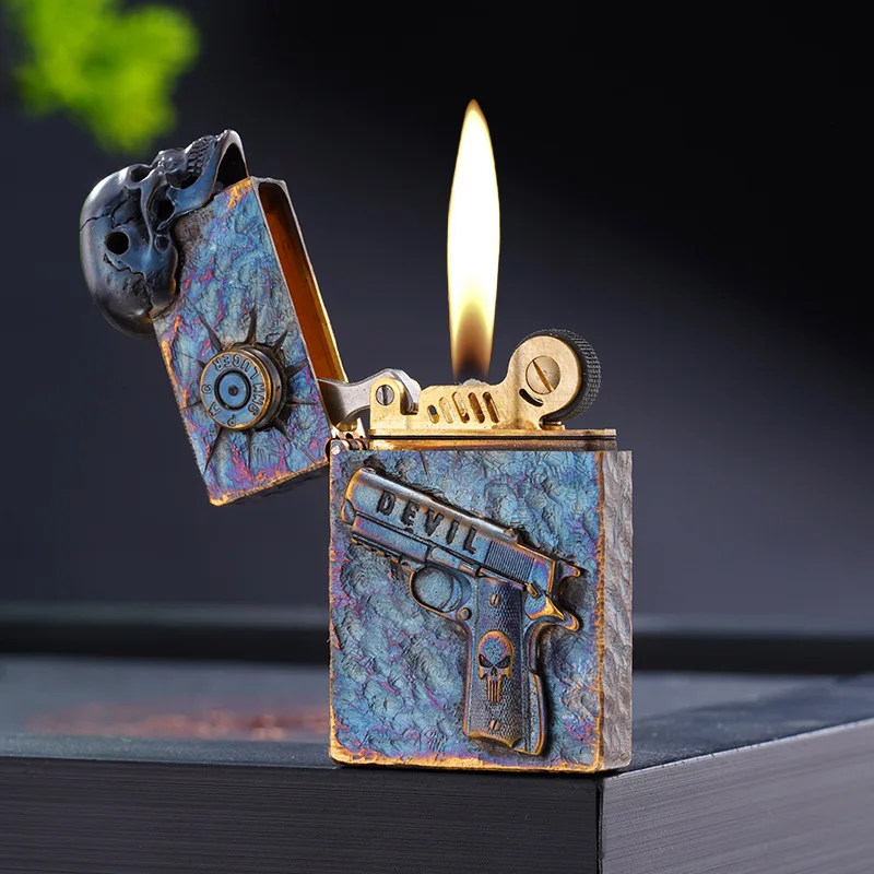Creative Original Copper Right-angle Small Heavy Armor Hand-embossed Skull Pistol Bullet Grinding Wheel Lighter Oil Machine