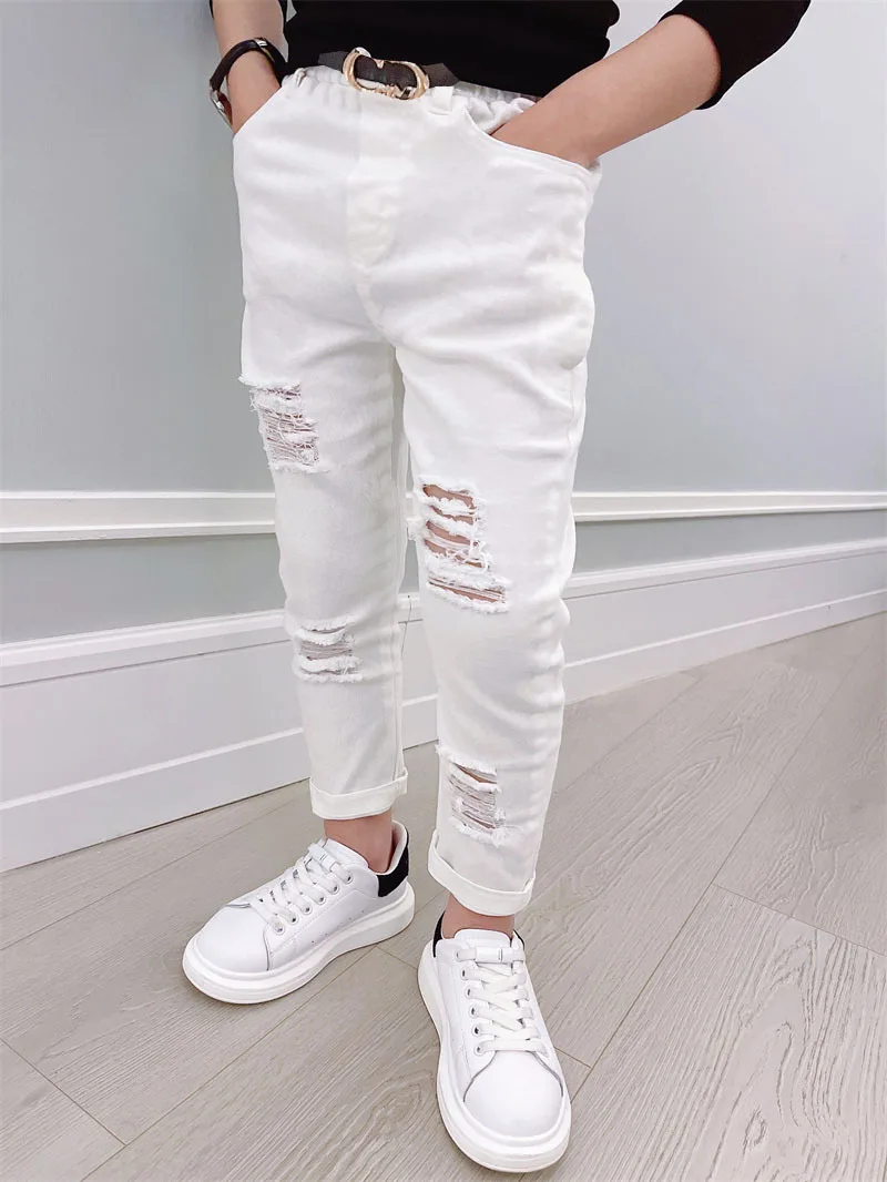 

Black White Jeans Men Ripped Straight Trend Ripped Broken Stretch Distressed Casual Denim Trousers Jeans for Boys Hip Hop Pants