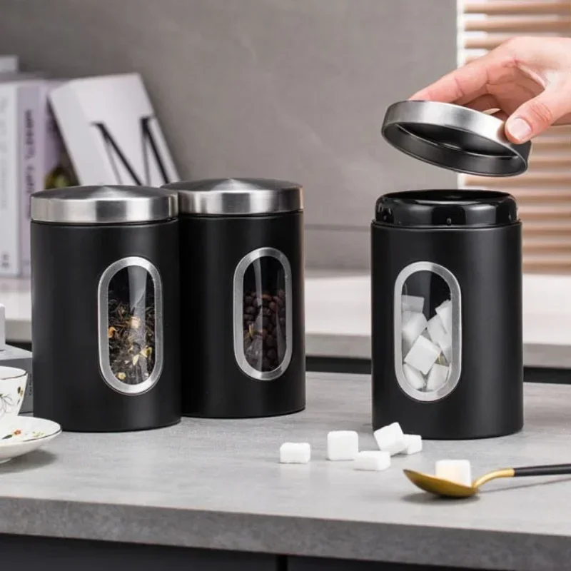 1/3Pcs Coffee Canister Stainless Steel Food Storage Jars with Visual Window Kitchen Storage Coffee Bean Tea-leaf Sealed Cans