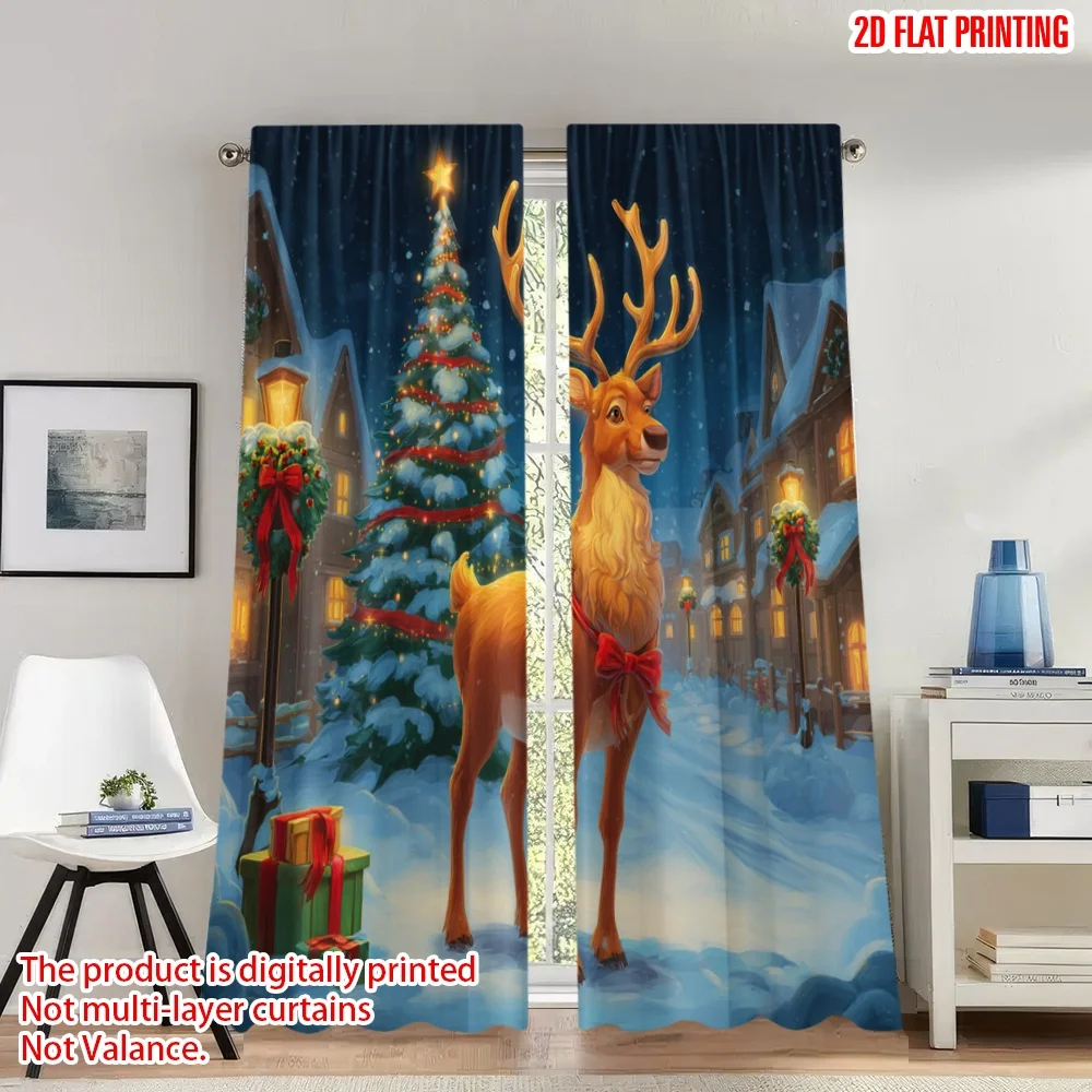 

2pcs 2D flat printing Merry Christmas Curtains Christmas Reindeer Snowy Village Digital Printed Polyester Drapes Party & Holiday