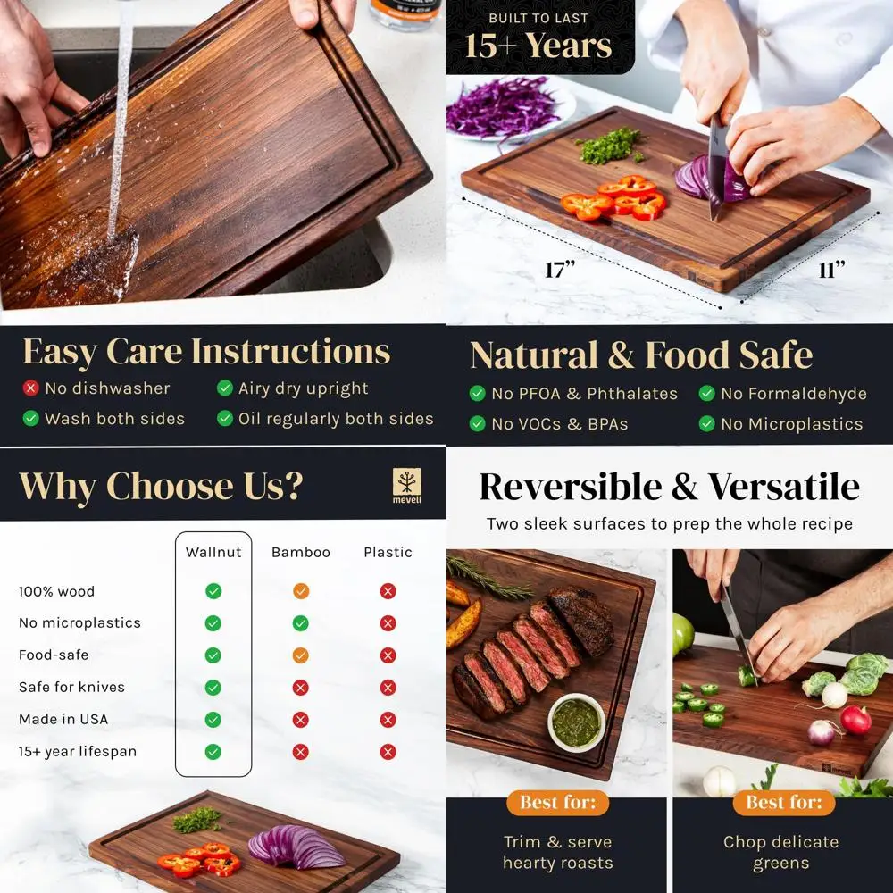

Reversible Walnut Wood Cutting Board with Juice Groove - 17x11x0.75 inches, Made in Canada