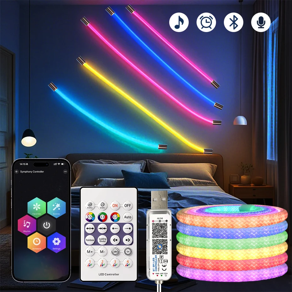 360 Round Reticulate Pattern LED Neon Strip Light USB 5V RGB+IC Smart Flexible Tape Remote APP Control Room Decoration Wateproof