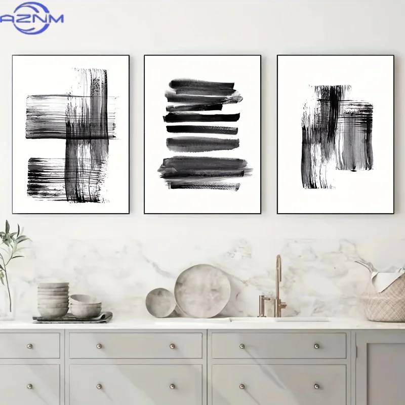 3pcs/set Frameless Abstract Brush Strokes Black And White Ink Canvas Printing Paintings, Posters Wall Art Pictures For Living Ro