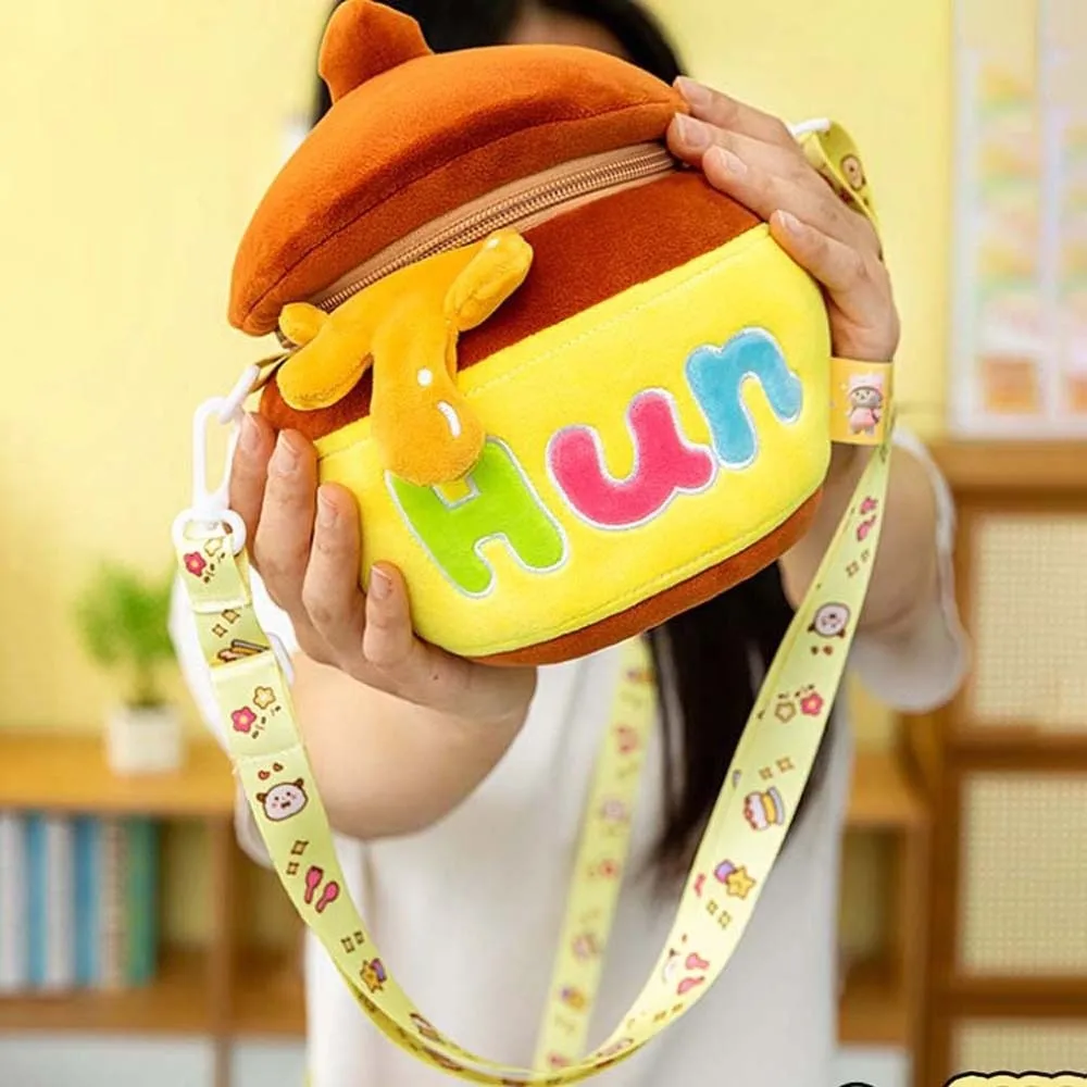 Bolso cruzado con tarro de miel bonito y grueso, bolso de hombro con maceta de miel suave bordada, bolso de dibujos animados amarillo de algodón esponjoso de poliéster para niños