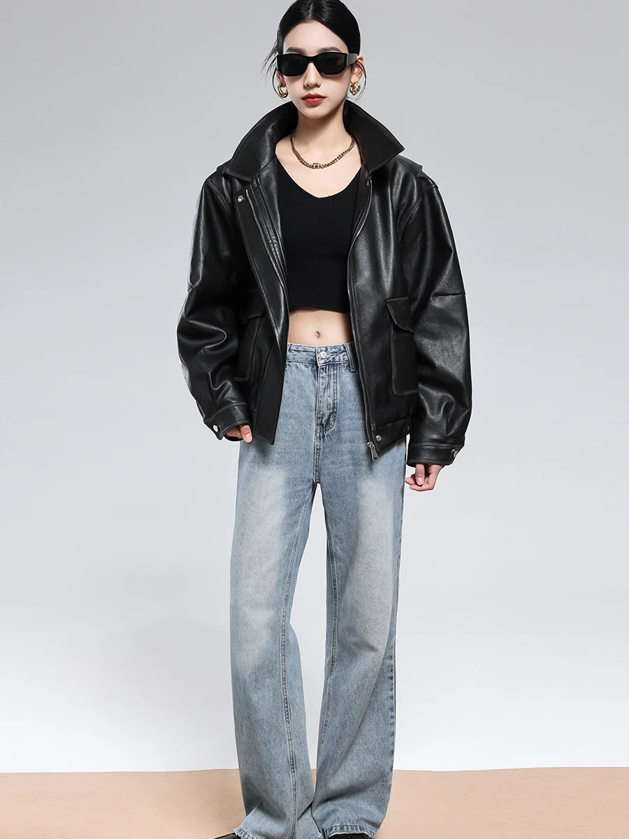 Lautaro 春秋クールショートヴィンテージユーズド加工ブラウン Pu レザージャケット女性ターンダウン襟黒アメリカンレトロ服