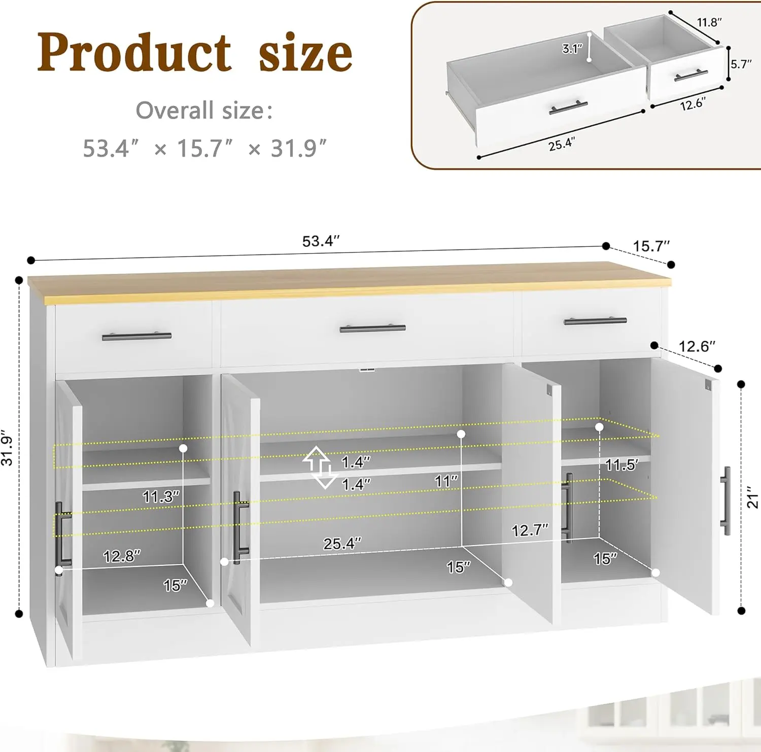 53' Modern Farmhouse Buffet Cabinet with Drawers, White Kitchen Sideboard with Shelves & Doors