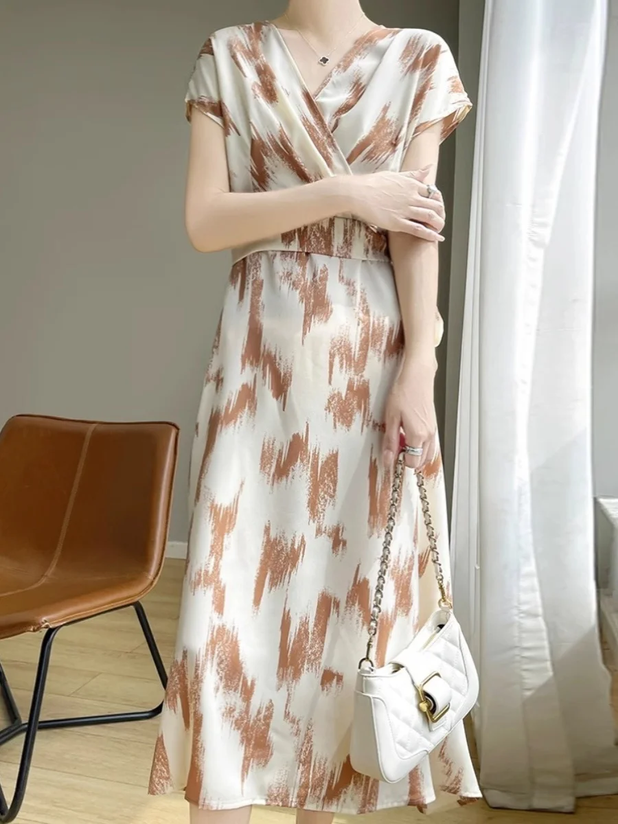 Zomer 2024 Ele V-Ne Zijde Satijn ort Sve Losse Afslankende Lange Dr Dames Dr met Riem Vloeiende Rok