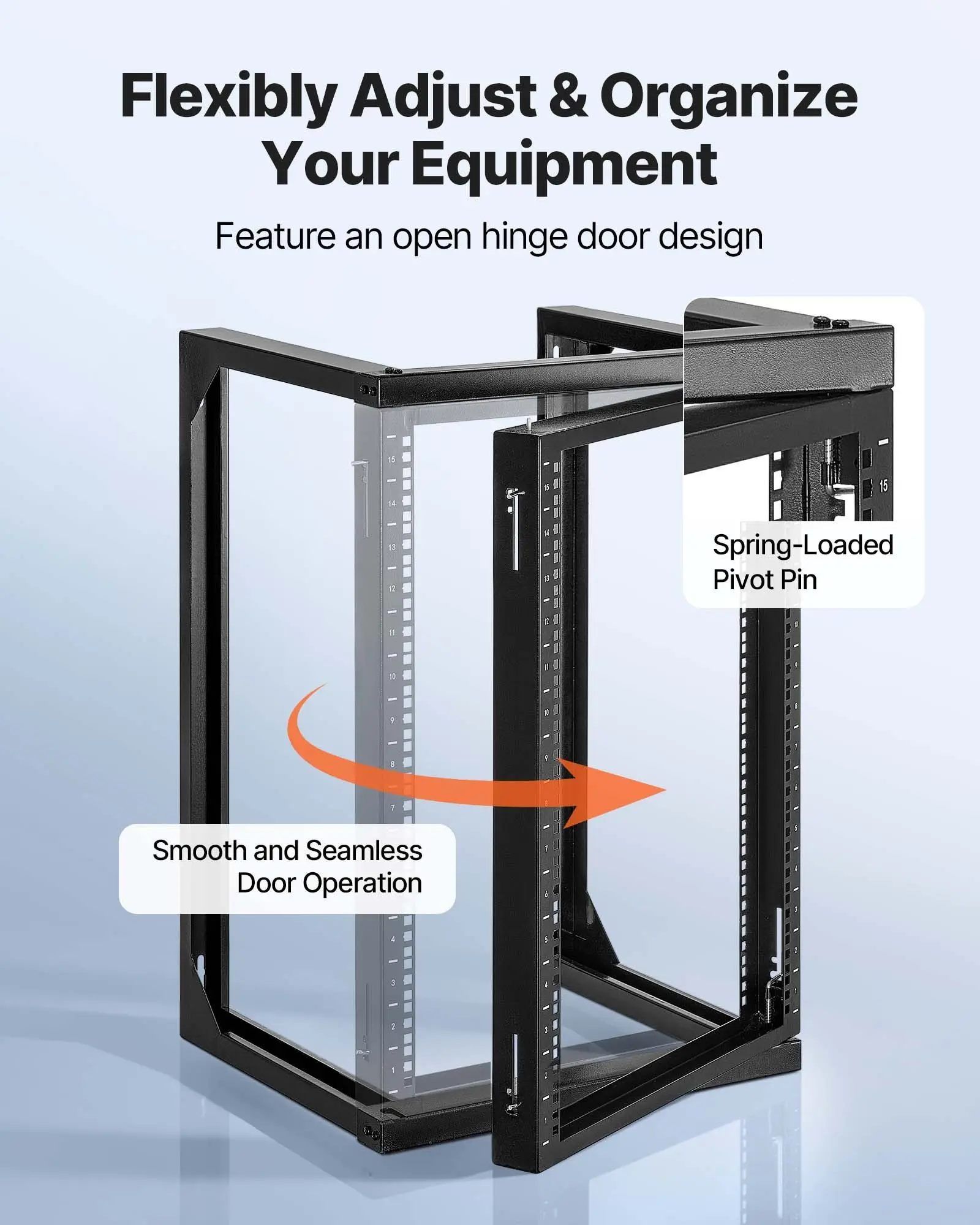 Estante de servidor de montaje en pared 15U Estante de red de marco abierto de 150 libras con 180 °   Gabinete de acero al carbono con puerta batiente para equipos de red IT de 19"