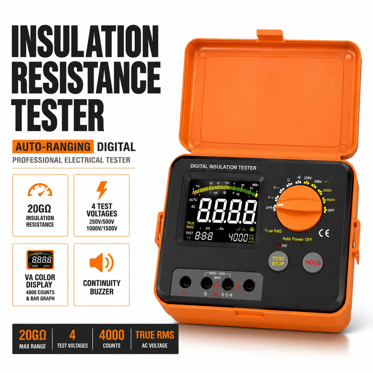 Digital Insulation Tester 250V/500V/1000V/1500V Auto Range Megohmmeter 4000Cnt VA Display AC/DC V Ohm Continuity Data Hold