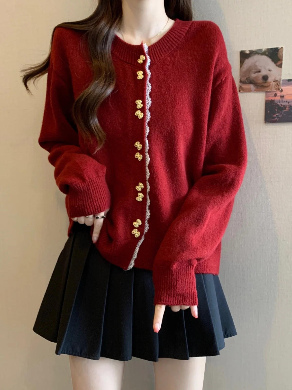 

Short Knitted Sweater Jacket for Women Spring Autumn Large Size plus Size Red Top Lace Splicing Knitted Open Cardigan