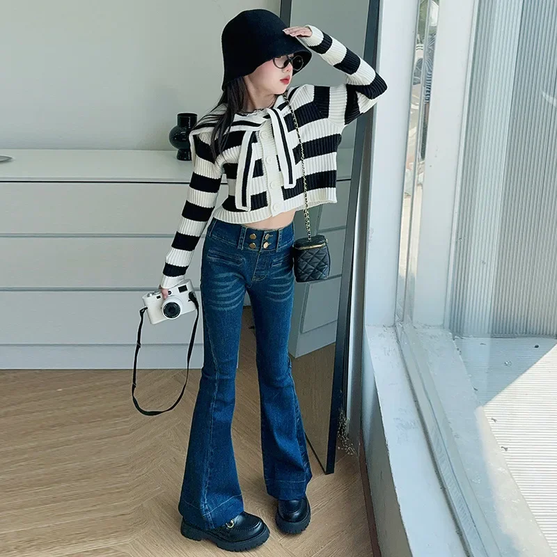 Girls' denim flared pants for spring and autumn 2024 new style children's stylish pants, girls' micro flared pants