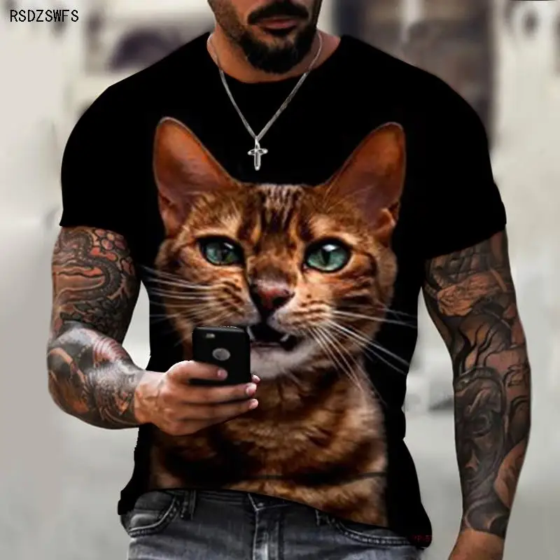 Animal World Cute Cats And Dogs Real 3D Printed Patterns Men\'s Shirts Crew Neck Tops T-shirts Casual Clothing Oversize 5XL