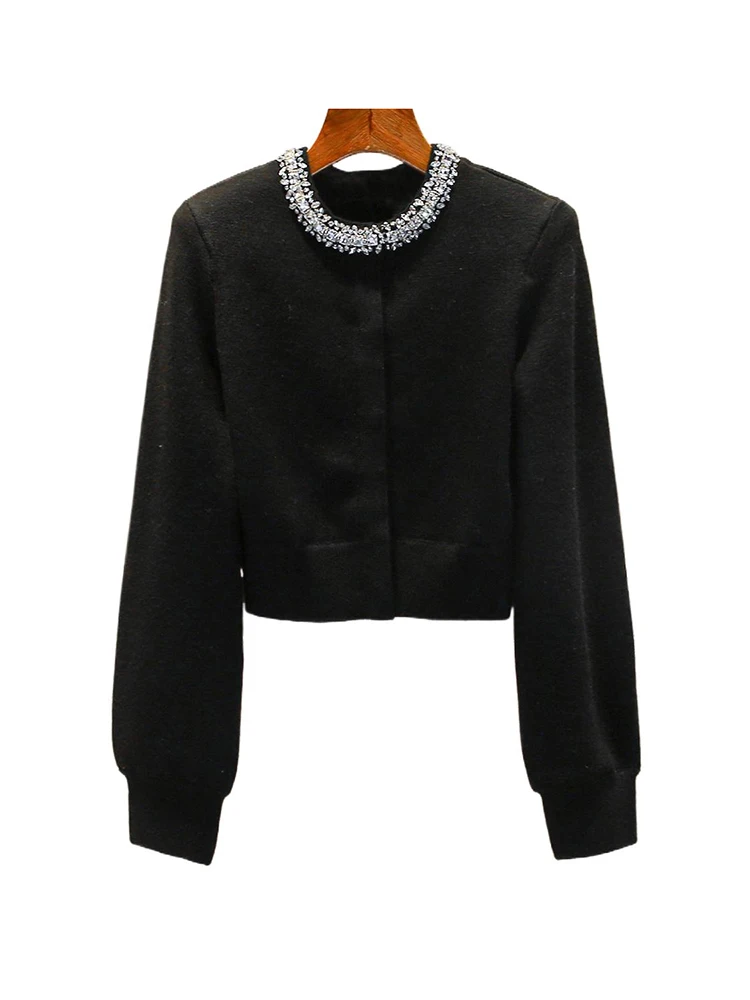 เสื้อคาร์ดิแกนไหมพรมถักสำหรับผู้หญิงระดับไฮเอนด์ ประดับเพชรทรงบับเบิ้ล สวมใส่สบายๆ ทรงหลวม สไตล์โค้ท