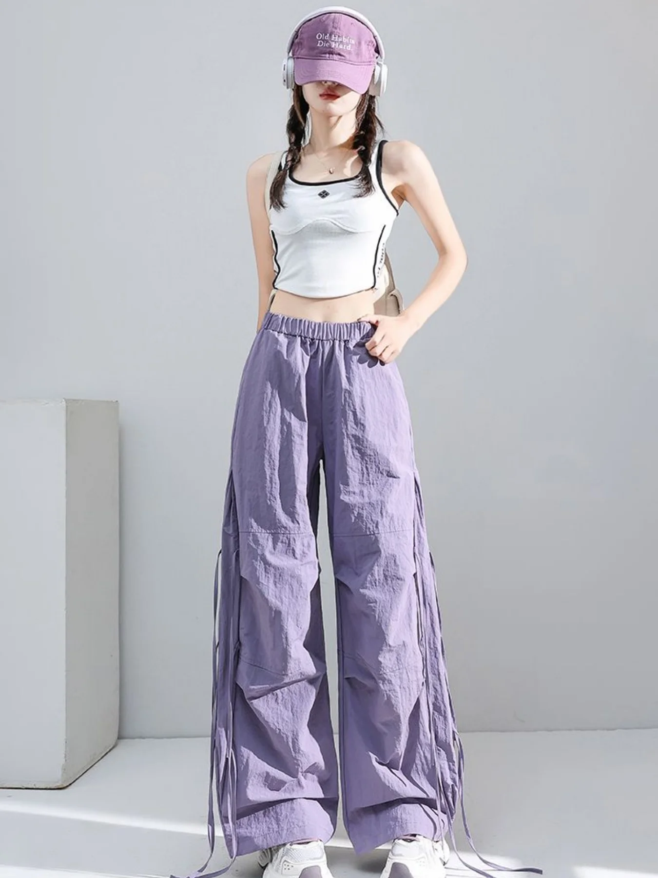봄 신상 루즈핏 캐주얼 만능 릴렉스 스트레이트 레그 여성용 스웨트팬츠, 한국 스타일 도파민 사이드 리본 카고 팬츠