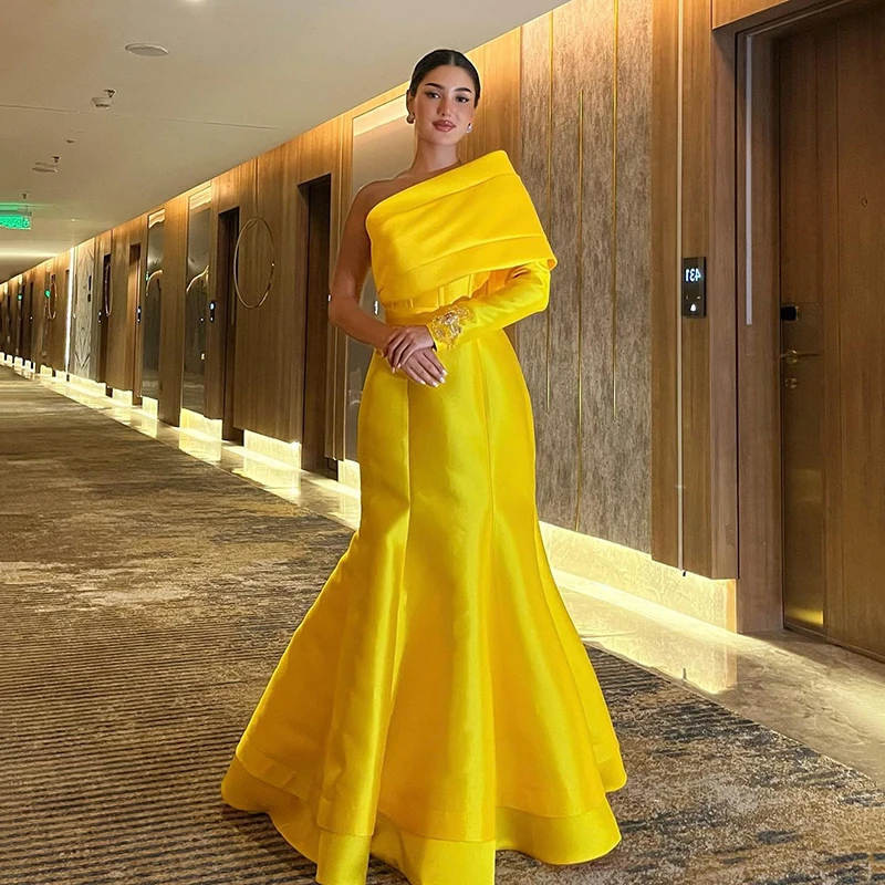 

Thinyfull 2026 Mermaid Prom Evening Dresses One Shoulder Beadings Satin Party Dress Women Yellow Cocktail Prom Gowns Customized