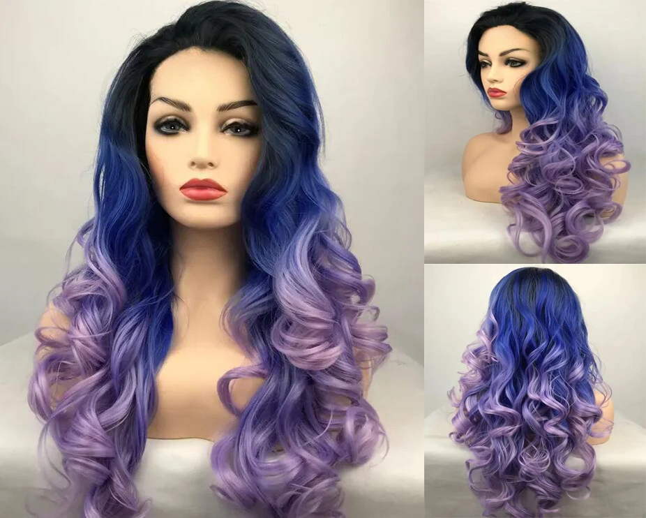 Lolita Long Bang Mixed Blue & Purple Wavy Cosplay Hair Wig For Women’s Christmas Halloween Costume Party Wigs