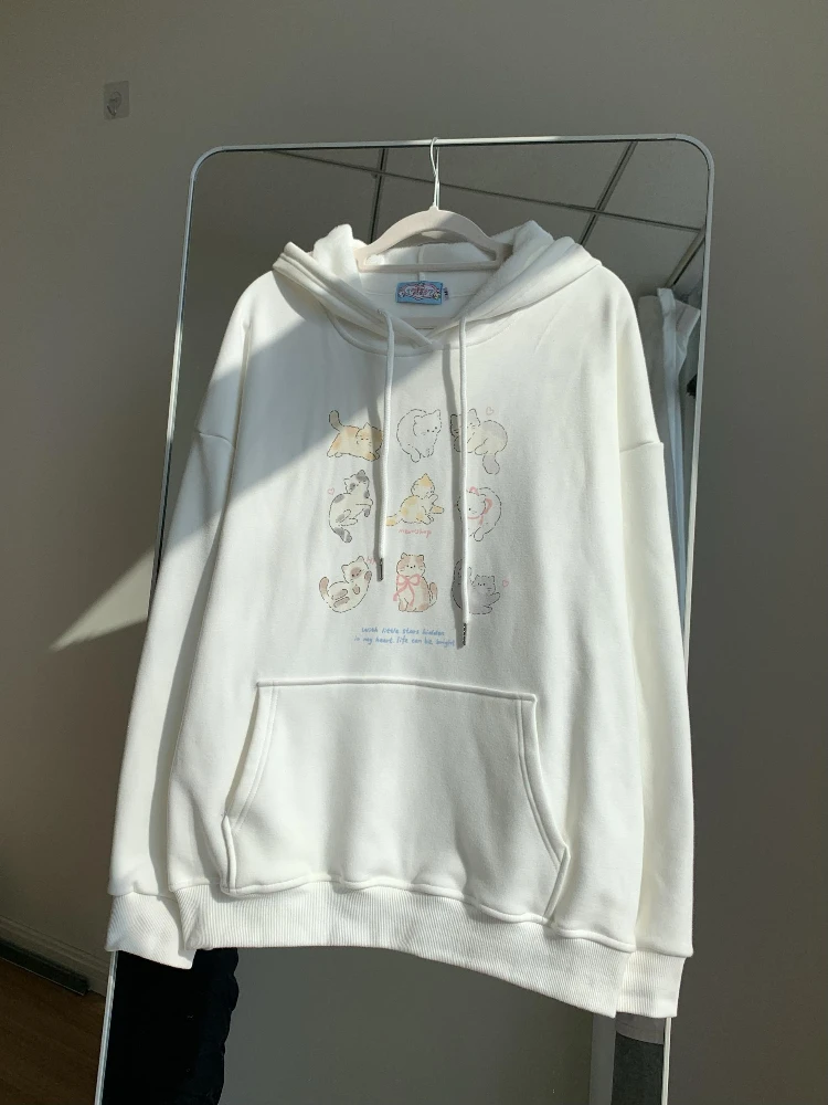 ADAgirl Kawaii Cat Print Hooded Sweatshirt Women Cutecore White Long Sleeve Hoodies Oversize Tops Preppy Style Soft Girl Clothes