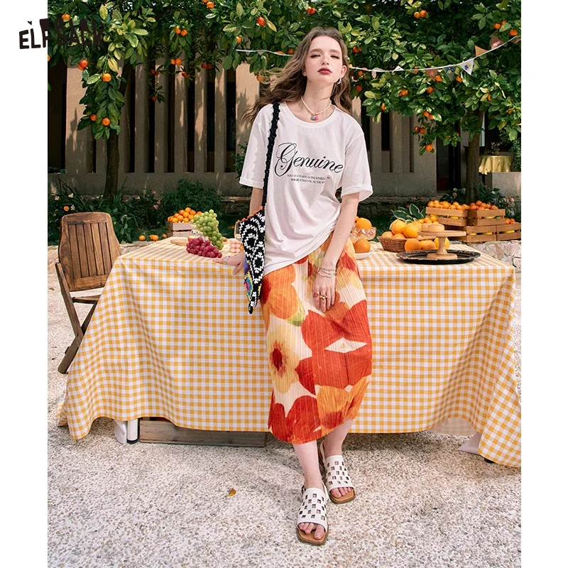 ELFSACK 2024 summer new arrival Flowers full of Indian fake style contrast color lazy casual seaside wear skirt for women