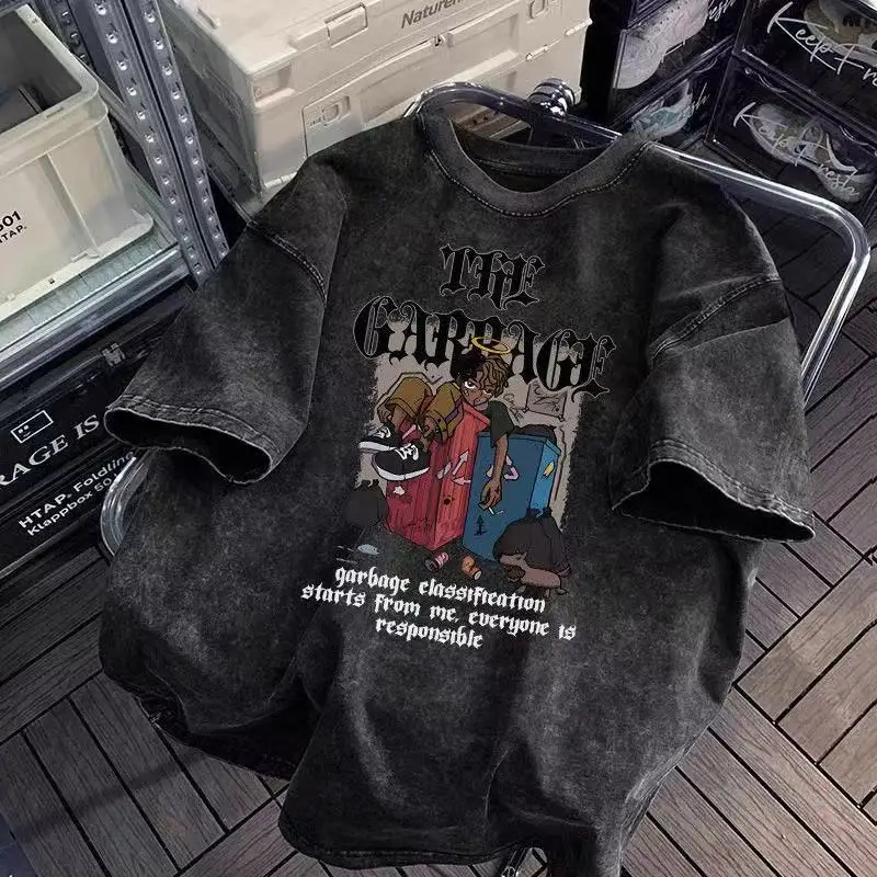Unisex Vintage Washed Oversized T-shirt THE GARBAGE Cartoon Graphic Streetwear Short Sleeve Tee