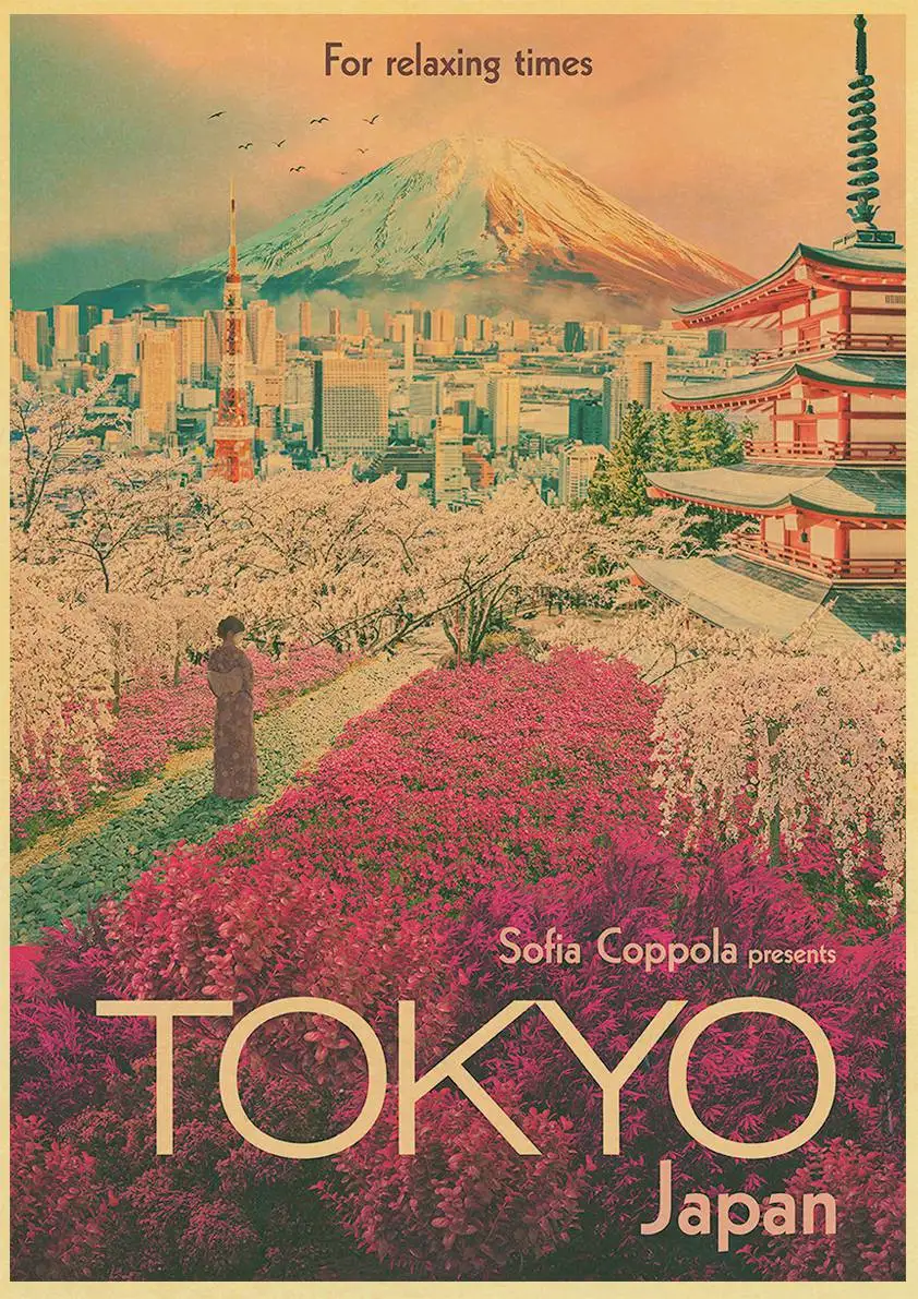 Japan Travel City Retro Kraft Paper Poster Mount Fuji Tokyo Osaka Hot Spring Nagoya Cherry Blossom Kimono Living Room Wall Decor