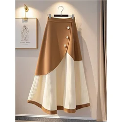 Temperament Knitting A-line Skirt 2024 Winter New Fashion High Waist Patchwork Irregular Skirts Ladies Fashionable Buttons Dress