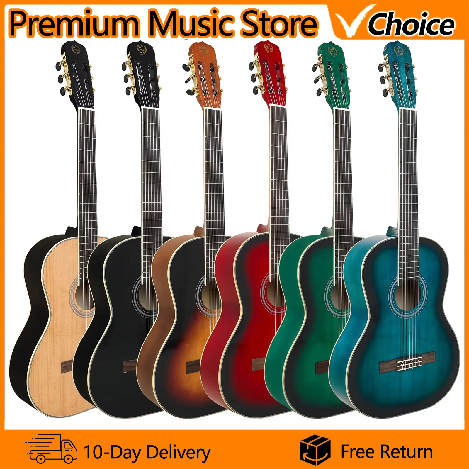 M MBAT Classical Guitar 39-Inch Spruce wood Acoustic Guitar Nylon Strings 3990 Starter Kit With Gig Bag Picks Strap Capo