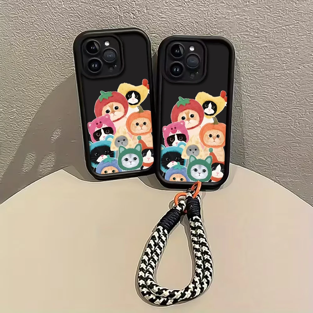 Katze in Kapuze Gurt-Seil-Handyhülle für iPhone 11 12 13 14 15 16 17 Pro Max 15 14 13 Plus 17E XR Stoßfeste Matte Silikonhülle – Detail 2