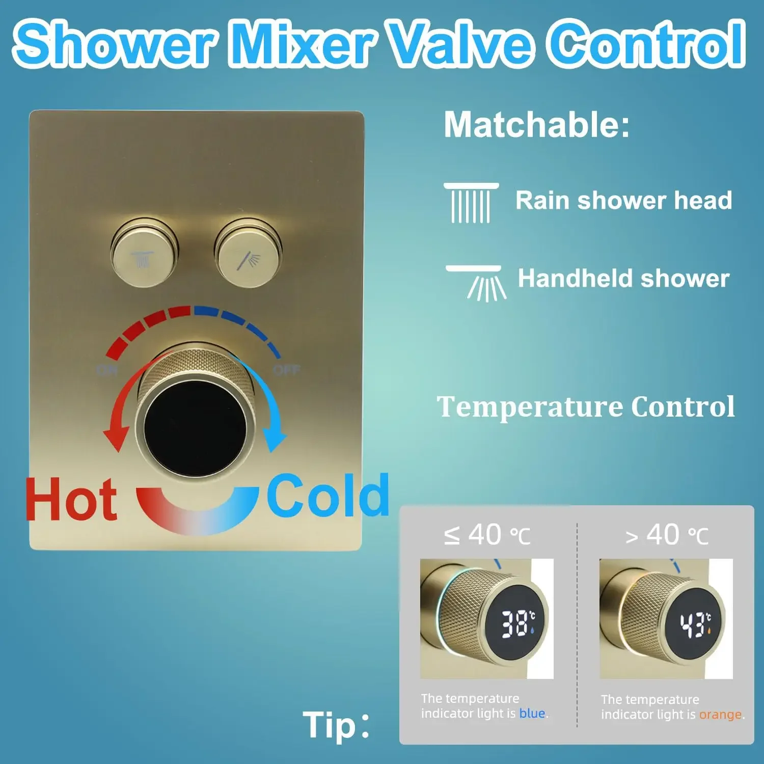 Brushed Gold Concealed Mounted Solid Brass Shower Mixer Valve 2 Way Outlet LED Digital Display Diverter Valve