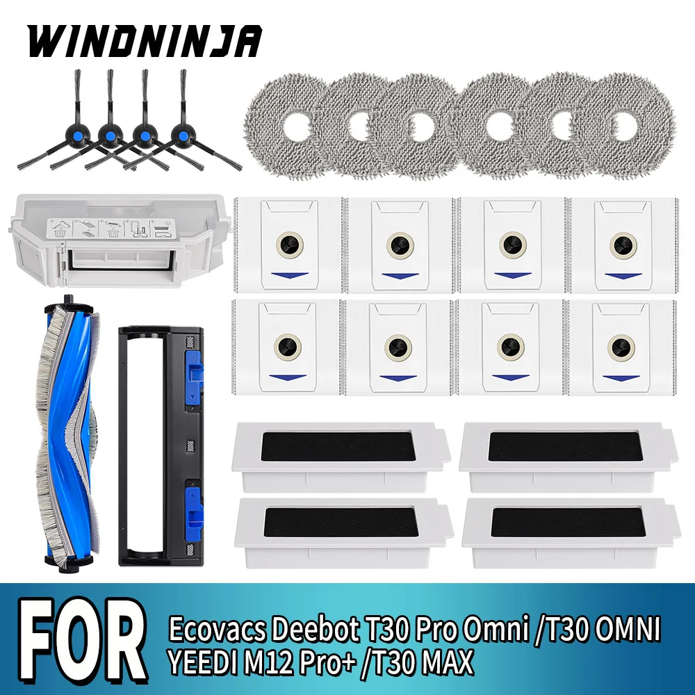 Pièces détachées pour aspirateur robot Ecovacs Deebot T30 Pro Omni/T30 OMNI/YEEDI M12 Pro+/T30 MAX : brosse latérale, chiffon de nettoyage, filtre, sac à poussière, boîte à poussière