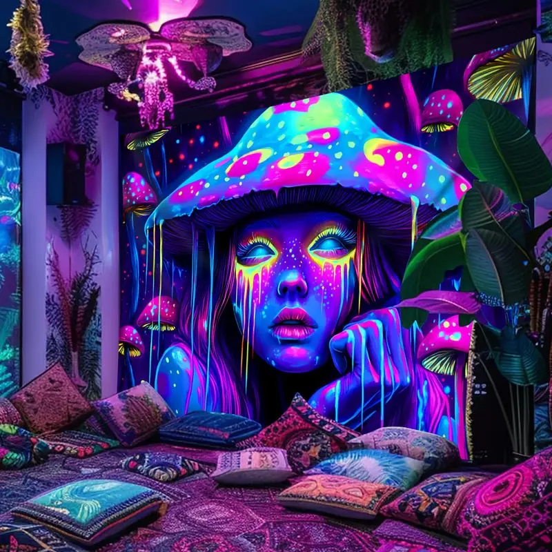 VIKAMA Blacklight Mushroom Girl Tapestry Neon Blue Face Pink Hat Trippy Wall Hanging UV Reactive Fairy Room Art Decor
