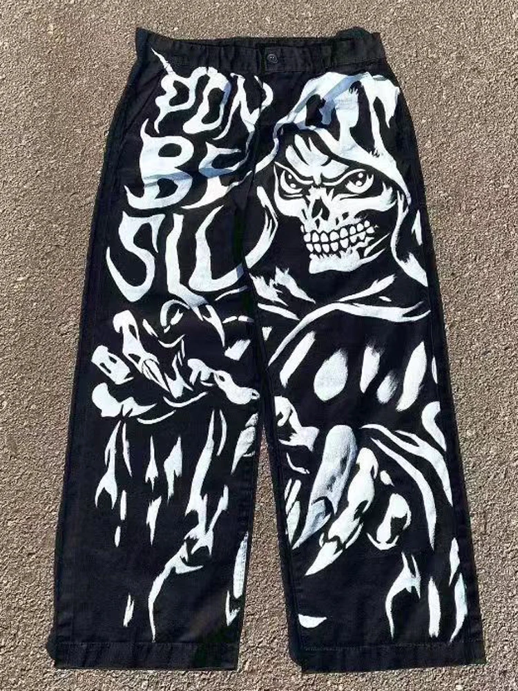 Evil Print Vibe Fried Street Men's Jeans Straight Leg Wide Leg Denim Trousers Harajuku Streetwear Hip Hop Male Denim Baggy Pants