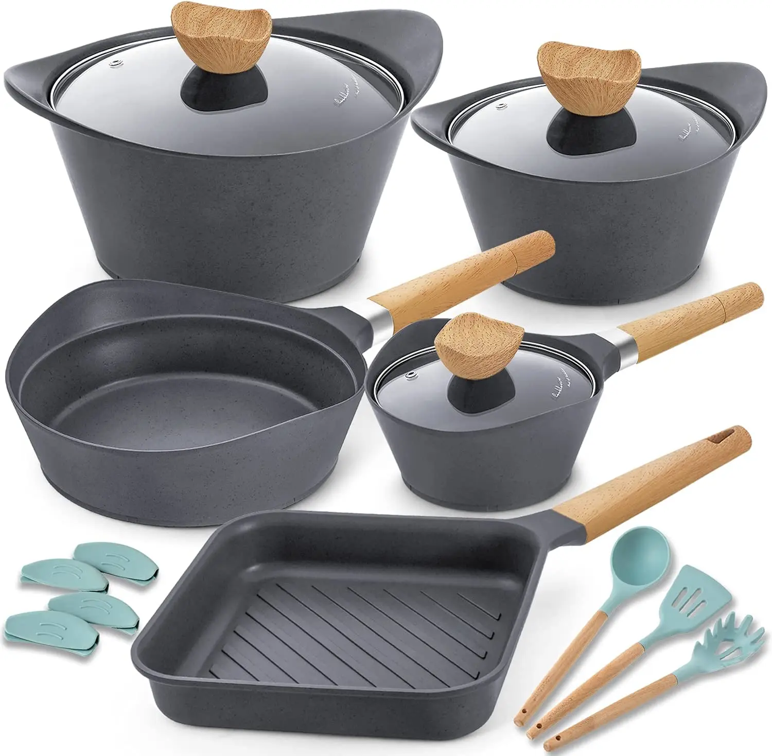 [READY STOCK]Nonstick Cookware Set with Cooking Utensils 15 Piece Nonstick Frying Pan Cookware Sets