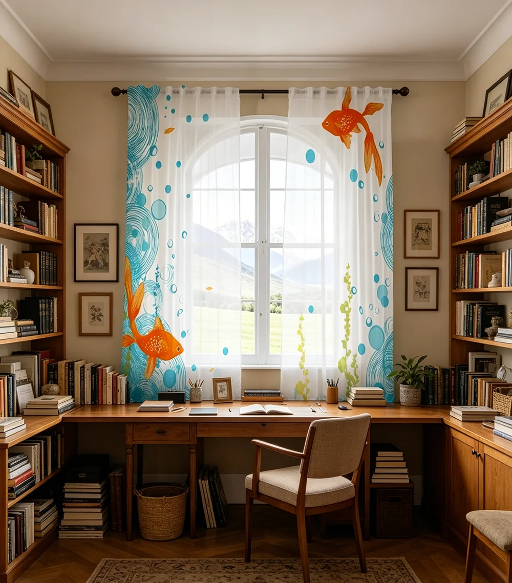 2PCS Digital Printing Sheer Curtain, Cute Cartoon Goldfish Underwater Pattern, Adorable Kids Children Nursery Room Decor