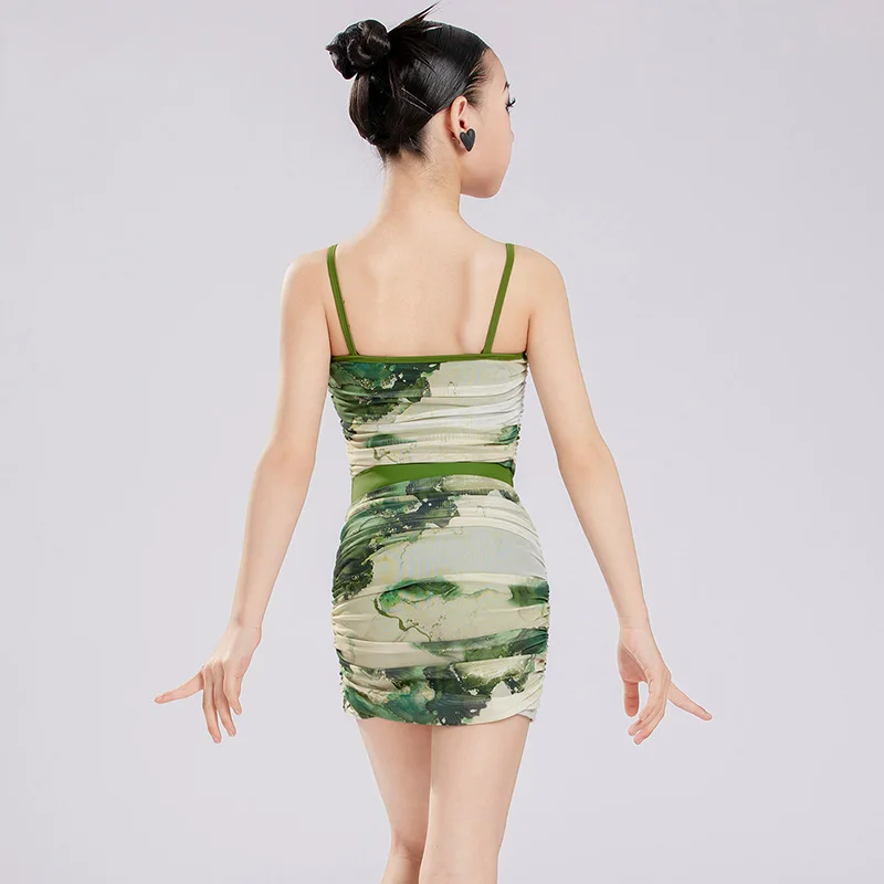 

Kids Girls Green Gradient Dyed Mesh Camisole Bodysuit and Pleated Skirts Training Suit Latin Dancewear Dancing Competition Dress