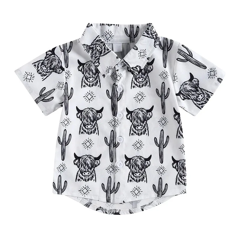 Children Clothes Girls Boys Shirt Short Sleeve Cartoon Collar Shirts Bull Print Street Party Casual Loose Summer Tops
