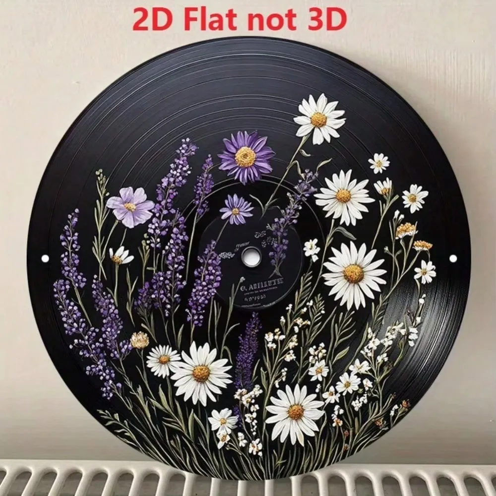Vinyl Record Sign Wall Art Retro Floral Metal Sign Vintage Decor 8 Inch Round