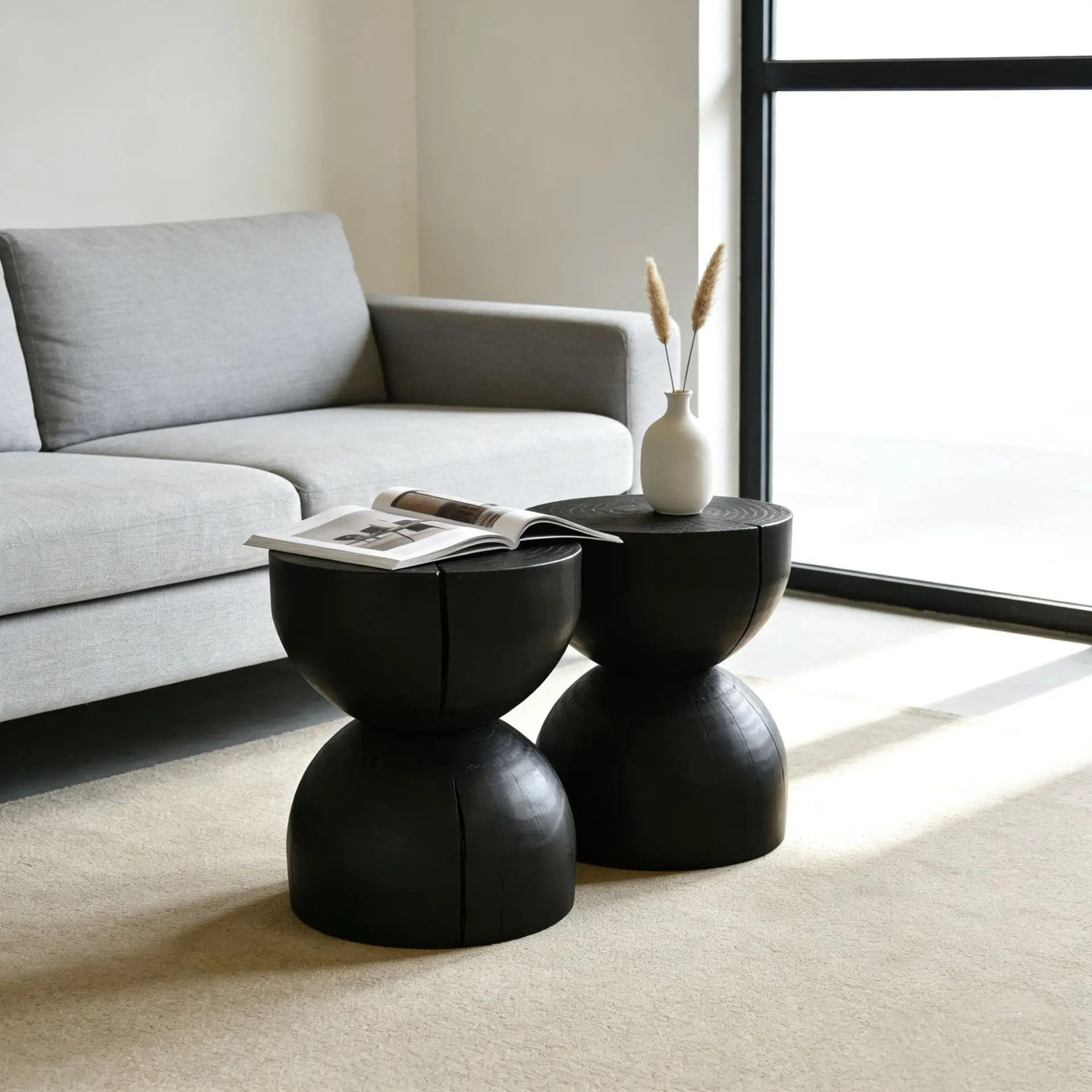 Wabi-sabi style homestay solid wood side table, charcoal black coffee table ornament