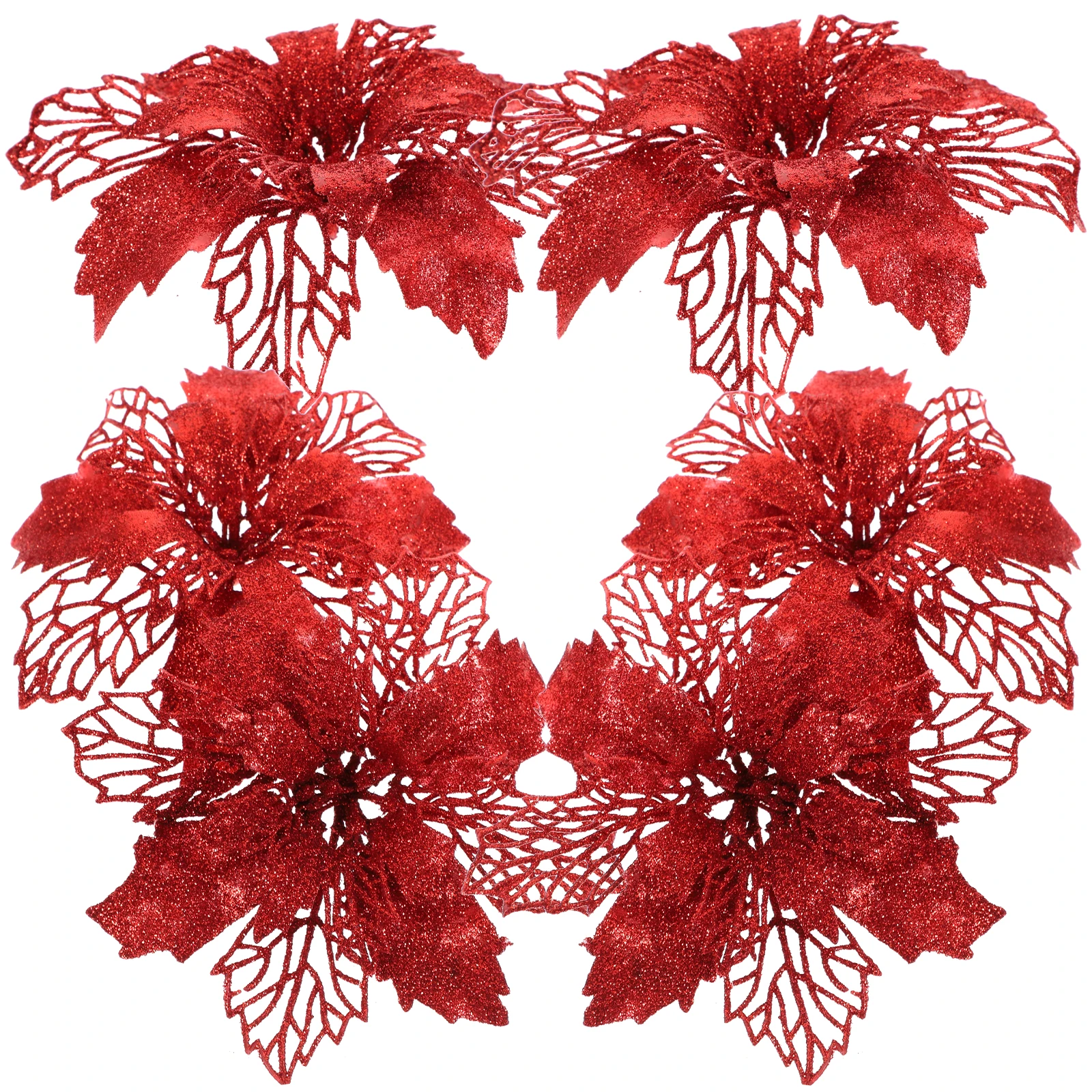 

6pcs Artificial Poinsettia Flowers Glitter Christmas Decorative Home Xmas Tree Window Door Decoration Red Color Holiday Party