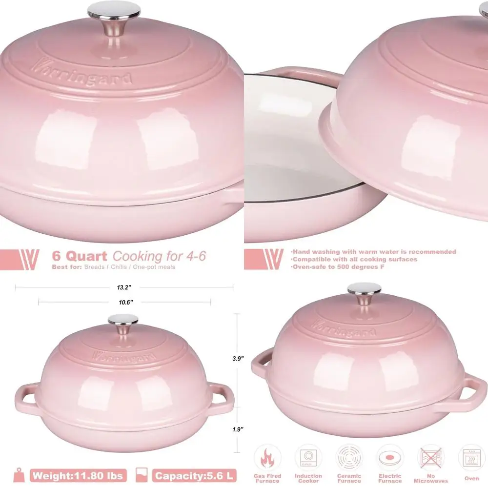 

Pink 6-Quart Enamel-Coated Cast Iron Dutch Oven with Lid, Perfect for Sourdough Bread Baking and Proofing
