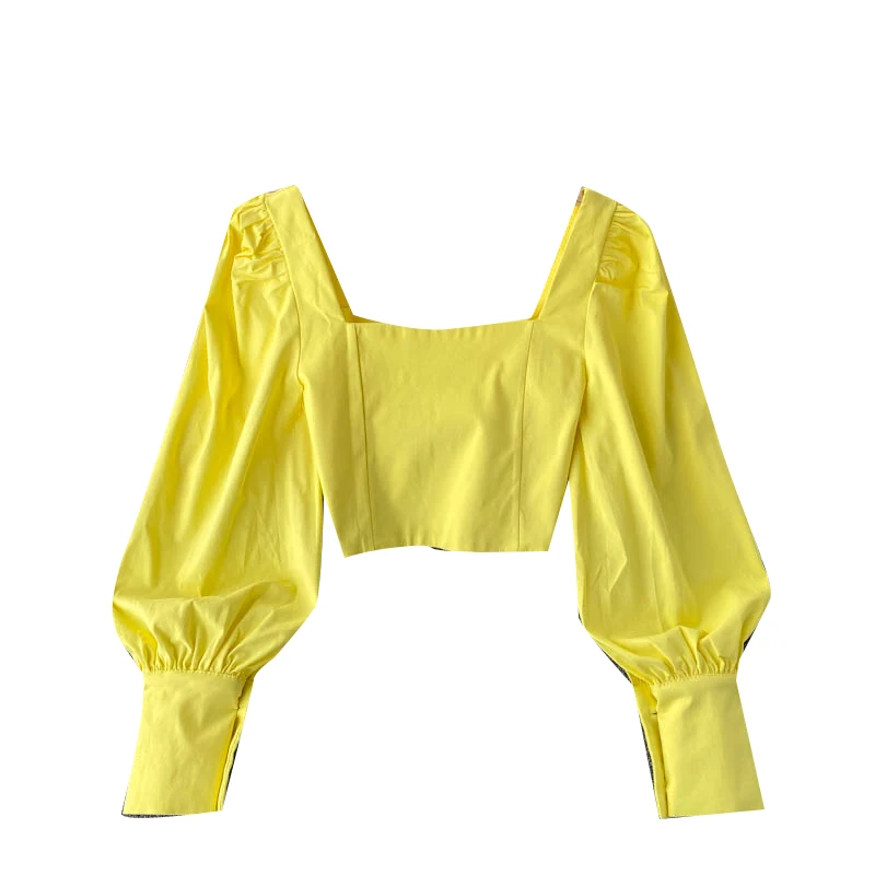 Ele ort Bubble Sve irt femmes Faionable coréen Sle coupe ajustée col carré haut trajet Sle couleur Pure