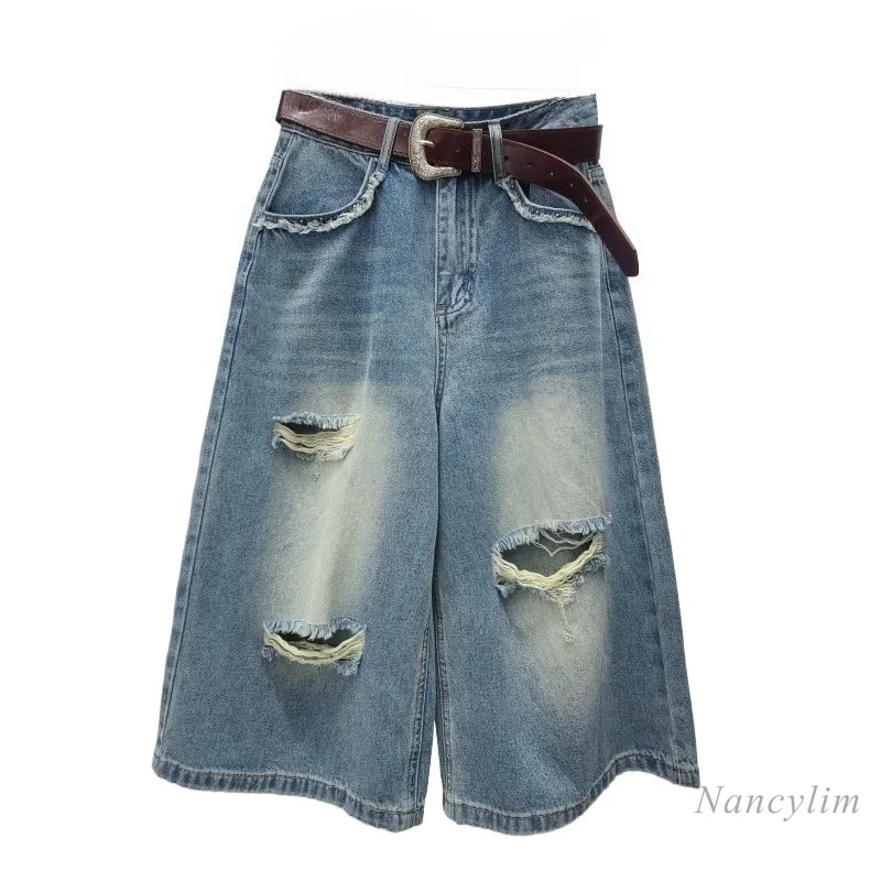 

American Distressed Ripped Cropped Jeans, Women's Summer New Arrival Retro High Waist Loose Wide-leg Pants, Casual Pants