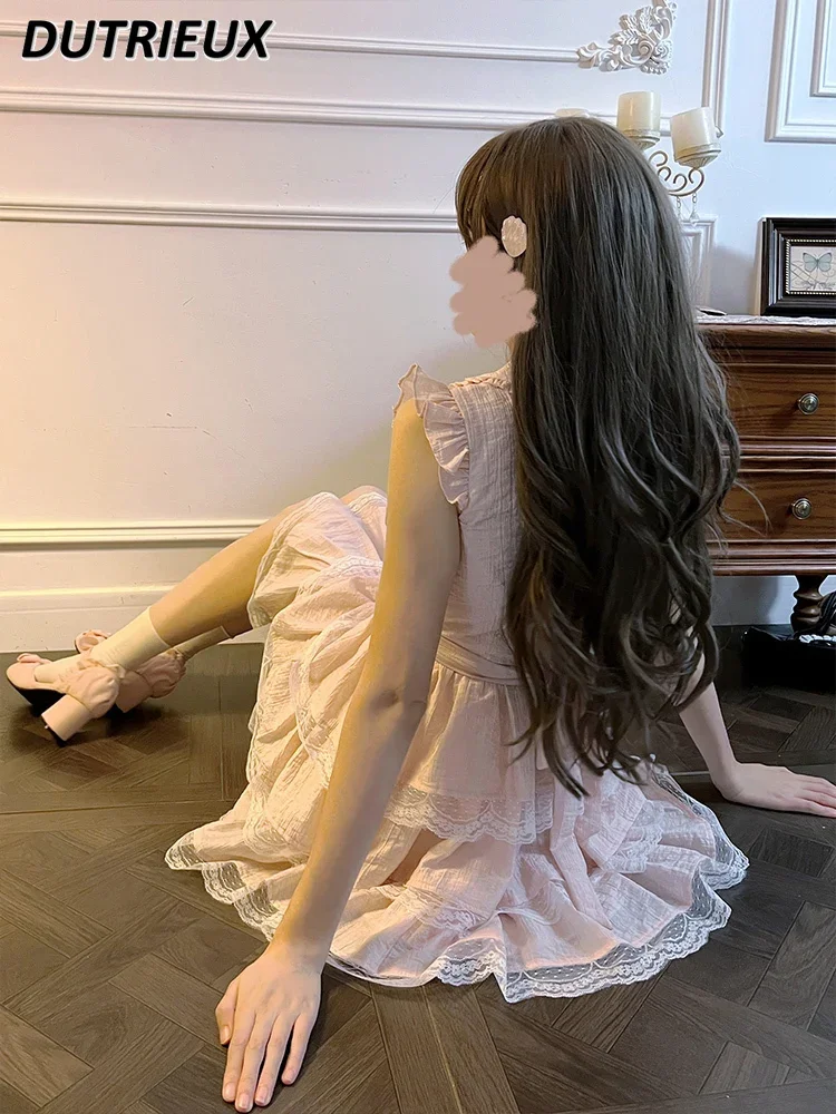 Vestido de princesa rosa de manga voladora, diseño Original japonés, vestido ajustado a la cintura, Vestido corto de princesa con borde de encaje, dulce y lindo, Verano