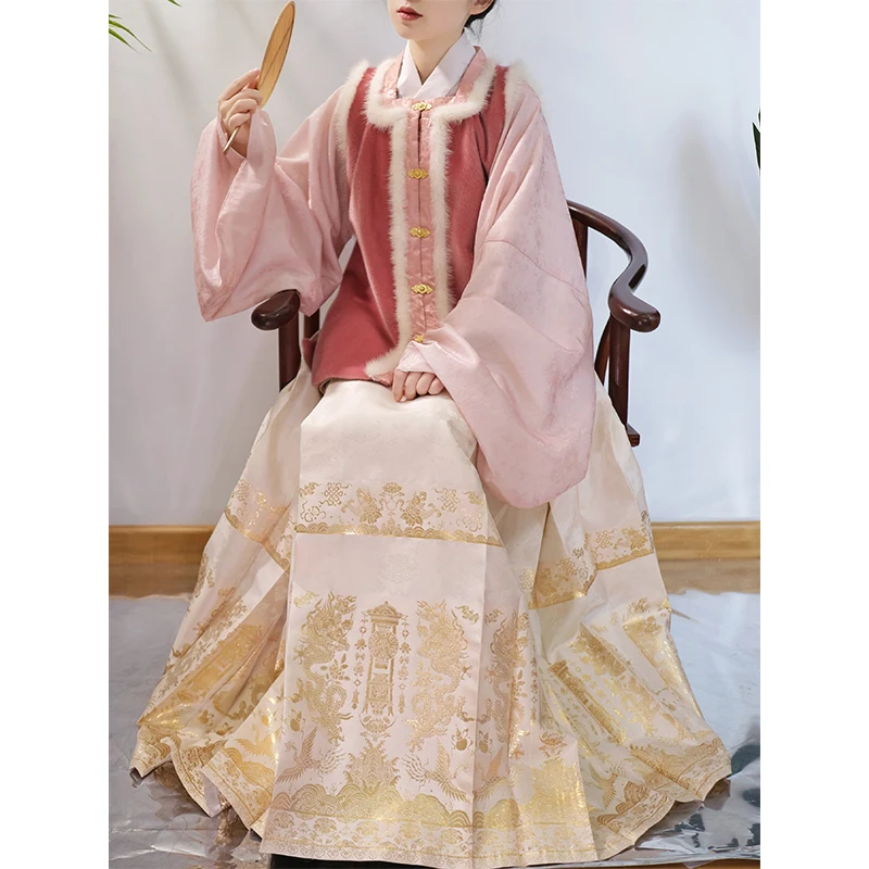 Hanfu-col montant en satin, veste courte, 4.5 mètres, 5 paires de jupes plissées visage de cheval, taille instantanée