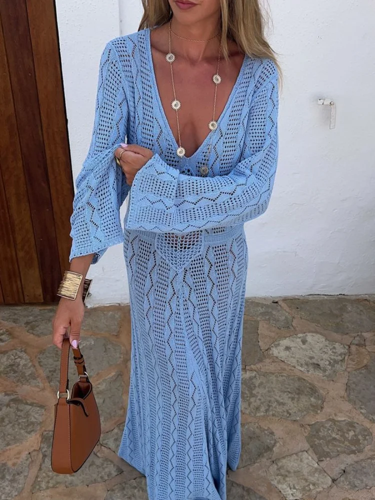 Elegant Knitted Beach Maxi Dress Women Blue V-neck Long Sleeves See Through Female Dresses 2024 Summer Lady Holiday Flower Robes