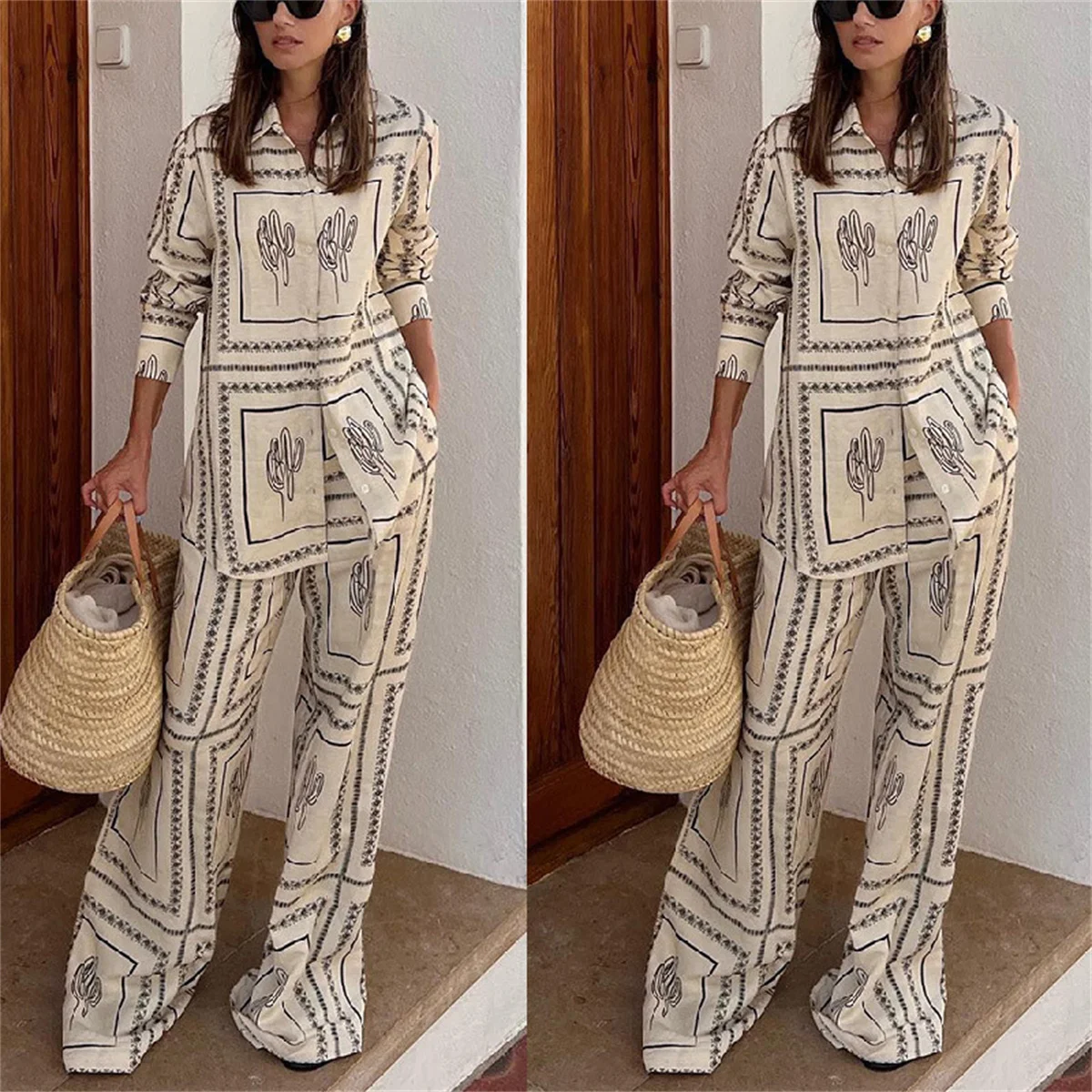 Female Printed Shirts Two Piece Set Lapel Long Sleeve Top High Waist Wide Leg Pants 2024 Spring Summer Women Home Wear Suits